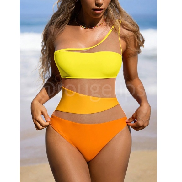Yellow Orange Colorblock Mesh Insert One Piece Monokini Swimsuit - Picture 2 of 6